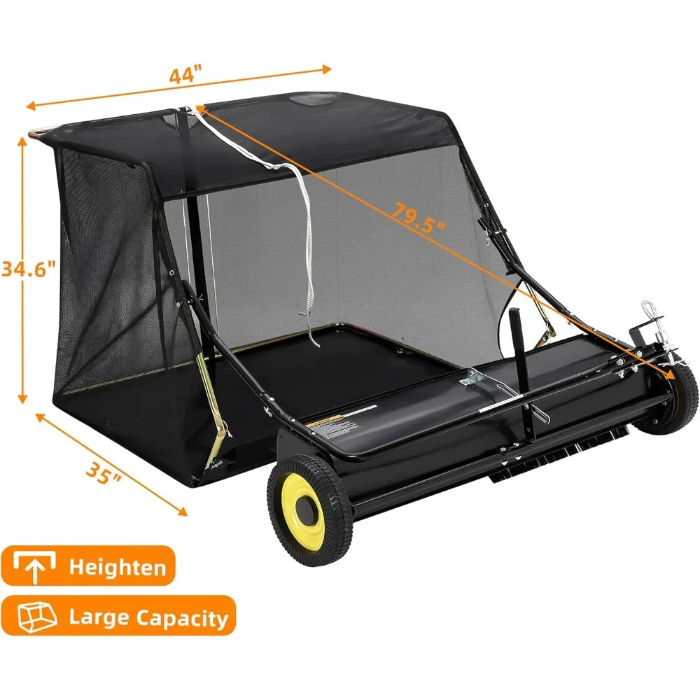 Tow Behind Lawn Sweeper 44 Inch, Large Capacity Heavy Duty Leaf & Grass Collector with Adjustable Sweeping Height, Dumping Rope