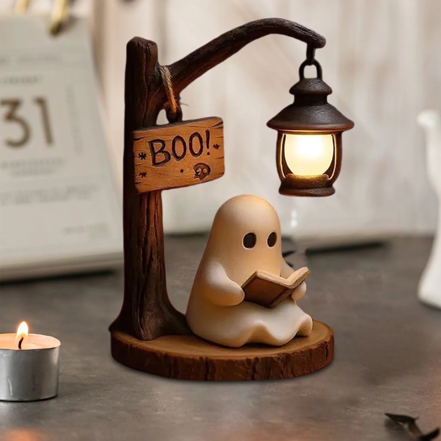 Cute Ghost Reading Desktop Ornament Halloween Resin Decoration Creative Home Decor Festive Atmosphere Arrangement