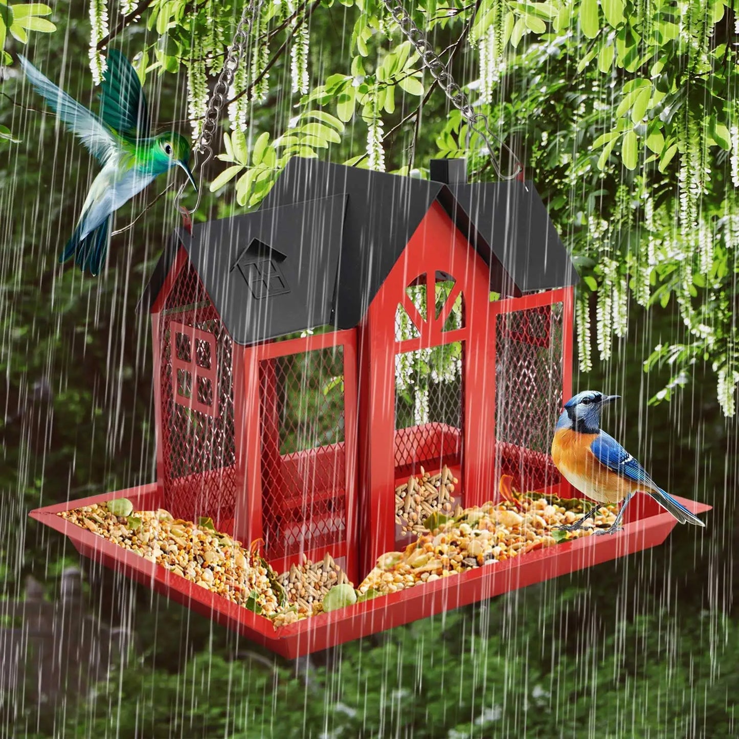 1 Outdoor Hanging Wild Bird Feeder, Large Capacity, Large Birdhouse with Metal Mesh Cover and Seed Tray, Suitable for Titles, Red Birds, Titles, Hummingbirds, Squirrel Protection and Weather-Resistant Metal Outdoor Garden Cou