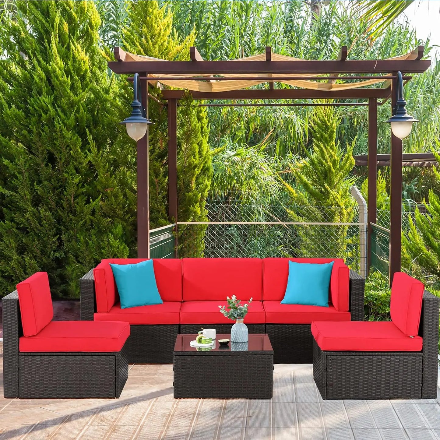 Six Piece Patio Garden Set With PE Rattan Glass Table