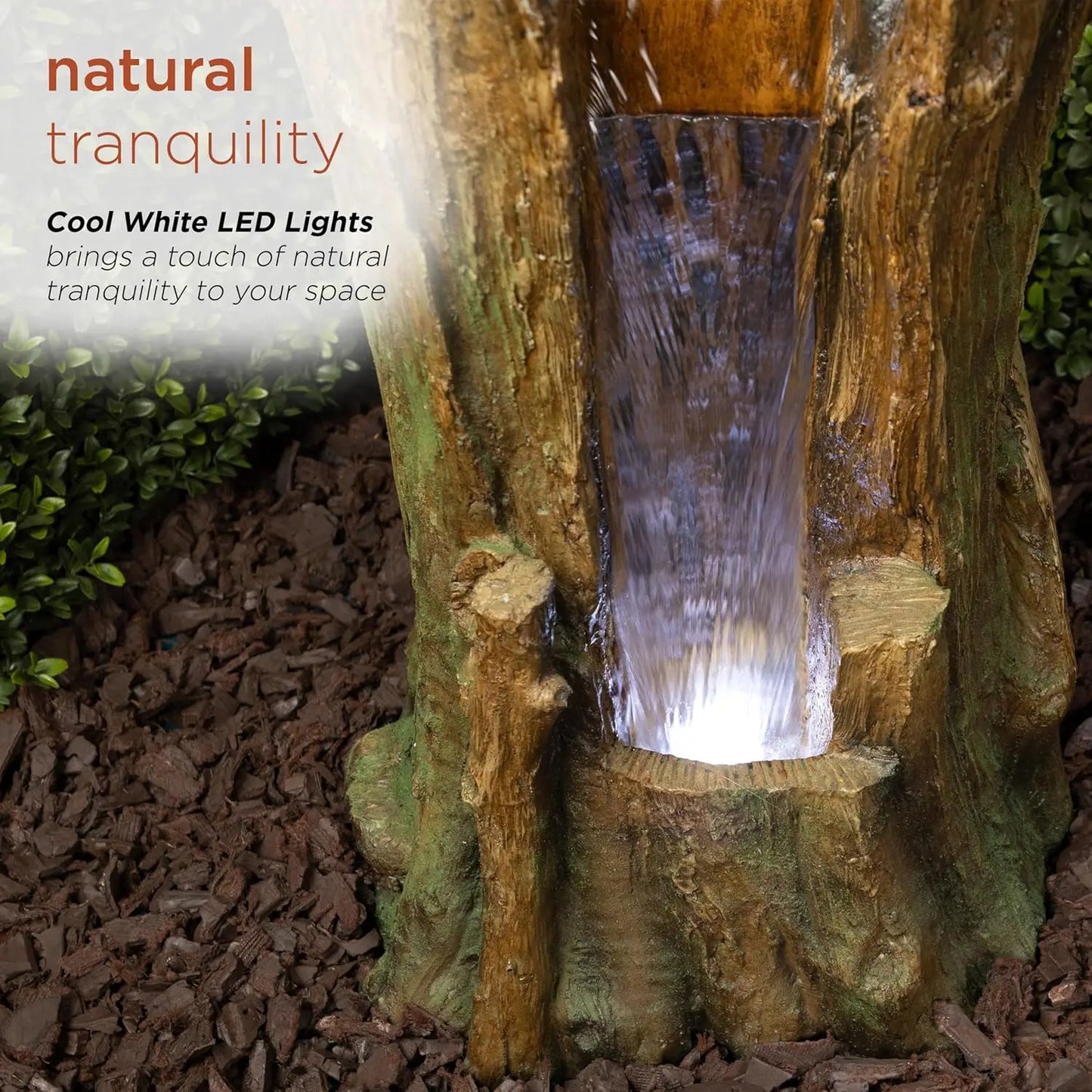 TZL294 Tree Trunk Fountain w/Cool White LED Lights, Waterfall for Garden, Patio, & Lawn, 22" H, Brown