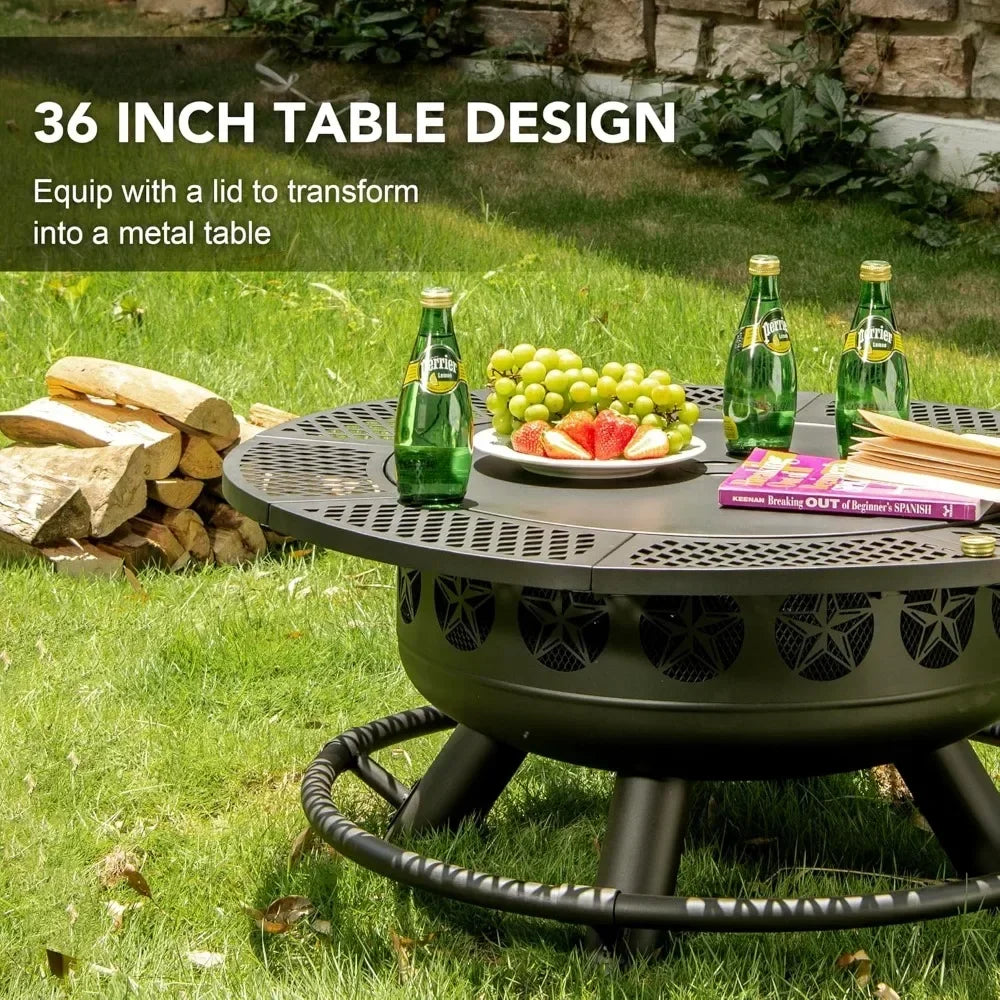36 Inch Fire Pit with Cooking Grill,Outdoor Wood Burning BBQ Firepit with Lid, 3-in-1 Outdoor Fire Pit for Backyard Deck Bonfire