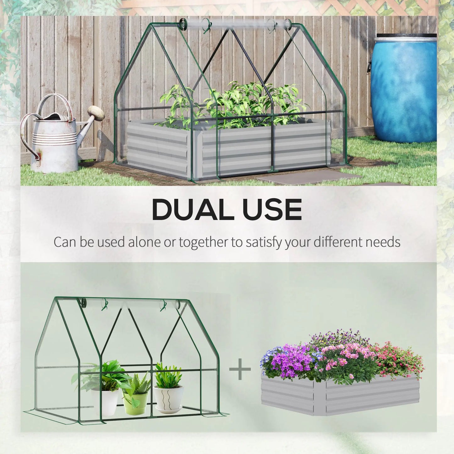 Steel Raised Garden Bed Planter Box Kit with Greenhouse, for Dual Use, Clear