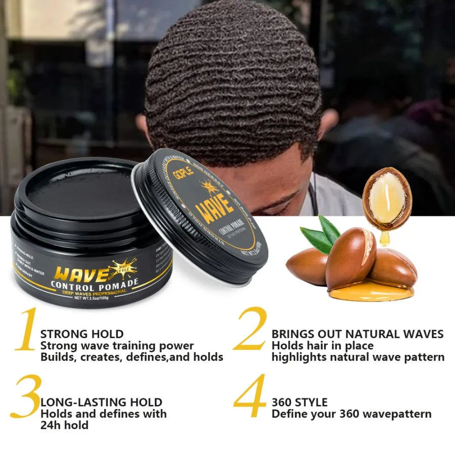 Wave Pomade 360 Style Greasy Pomade with Wave Brush Strong Hold Sport Wave Training Hair Cream for Layered Waves Moisture Shine