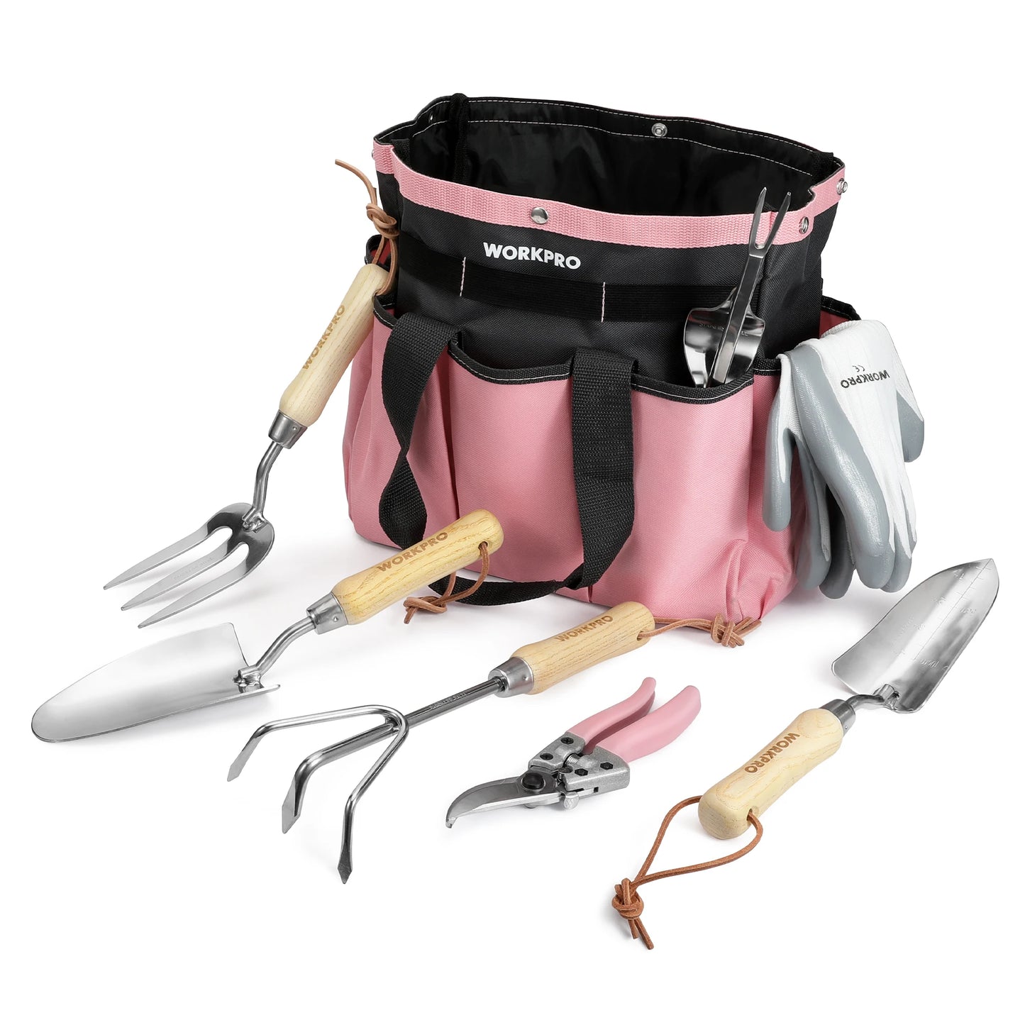 WORKPRO 8-Piece Pink Garden Tool Set Stainless Steel Gardening Tools with Wood Handle Including Tote Gloves Trowel