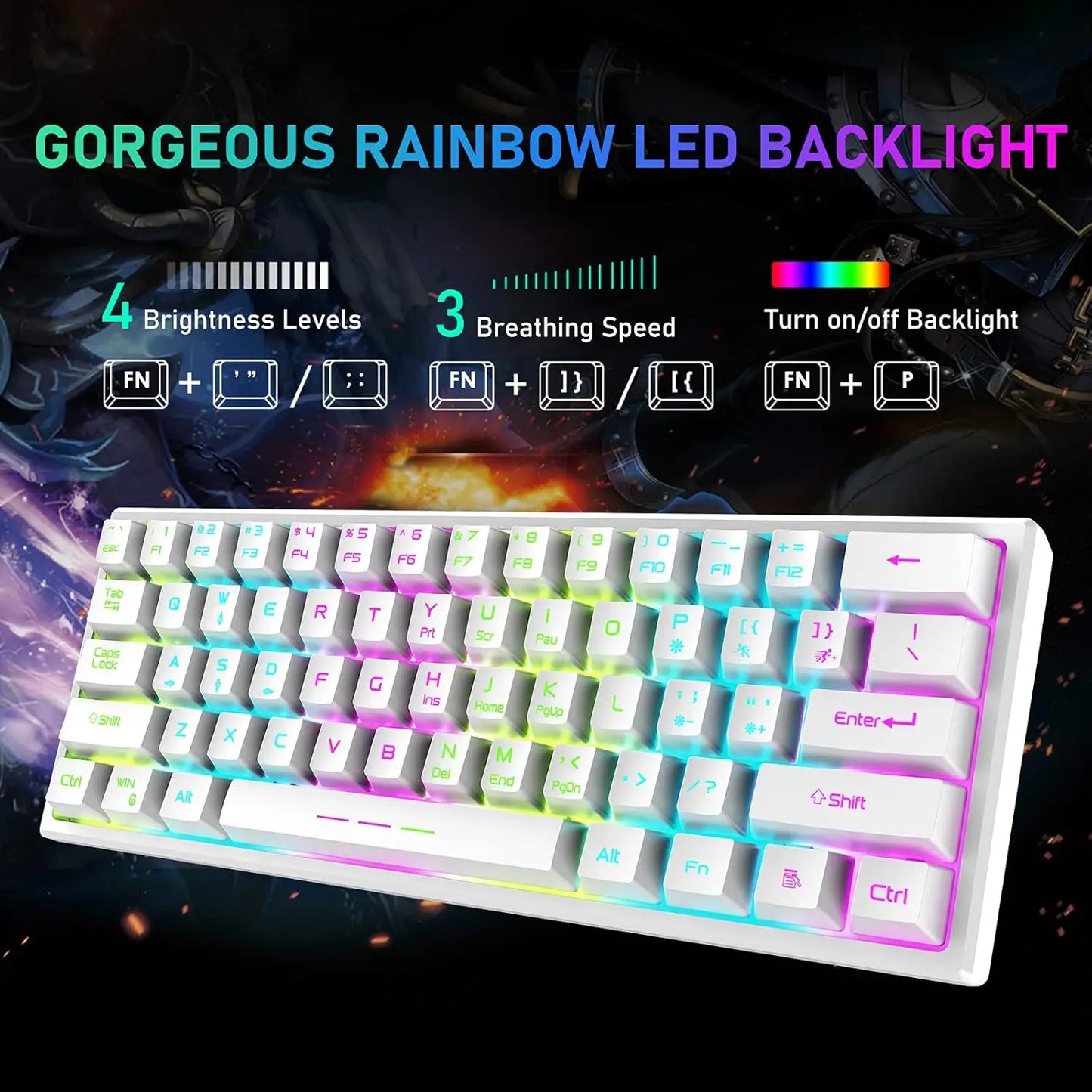 T61 Wireless Gaming Keyboard and Mouse Combo, Ergonomic 61 Key Rainbow LED Backlight Rechargeable 4000mAh Battery Mouse Pad