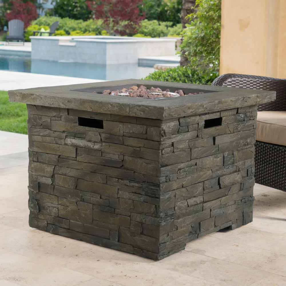 35 Inch Square MGO Fire Pit 40000 BTU Lightweight Concrete Outdoor Propane Fire Pit with Tank Space for Patio Garden Backyard