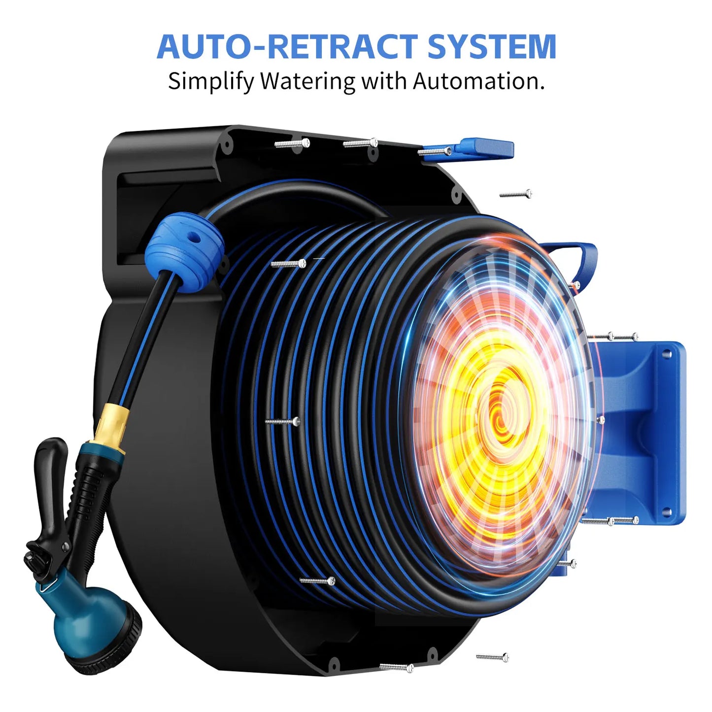 GardenJoy Retractable Garden Hose Reel-1/2in-65ft Hose Reel Wall Mounted Hose Locking Mechanism Roll-up Automatic