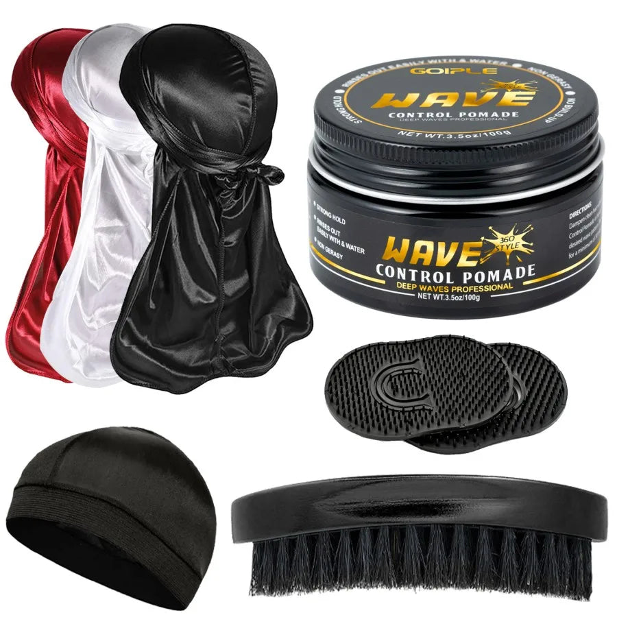 Wave Pomade 360 Style Greasy Pomade with Wave Brush Strong Hold Sport Wave Training Hair Cream for Layered Waves Moisture Shine