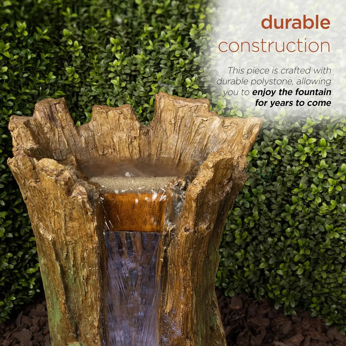 TZL294 Tree Trunk Fountain w/Cool White LED Lights, Waterfall for Garden, Patio, & Lawn, 22" H, Brown