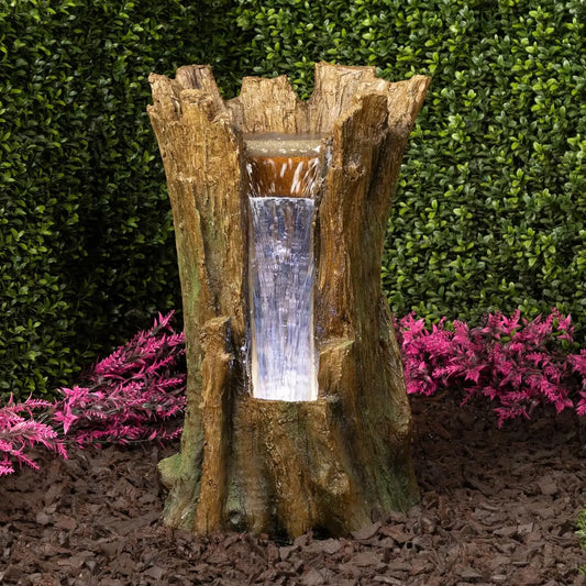 TZL294 Tree Trunk Fountain w/Cool White LED Lights, Waterfall for Garden, Patio, & Lawn, 22" H, Brown