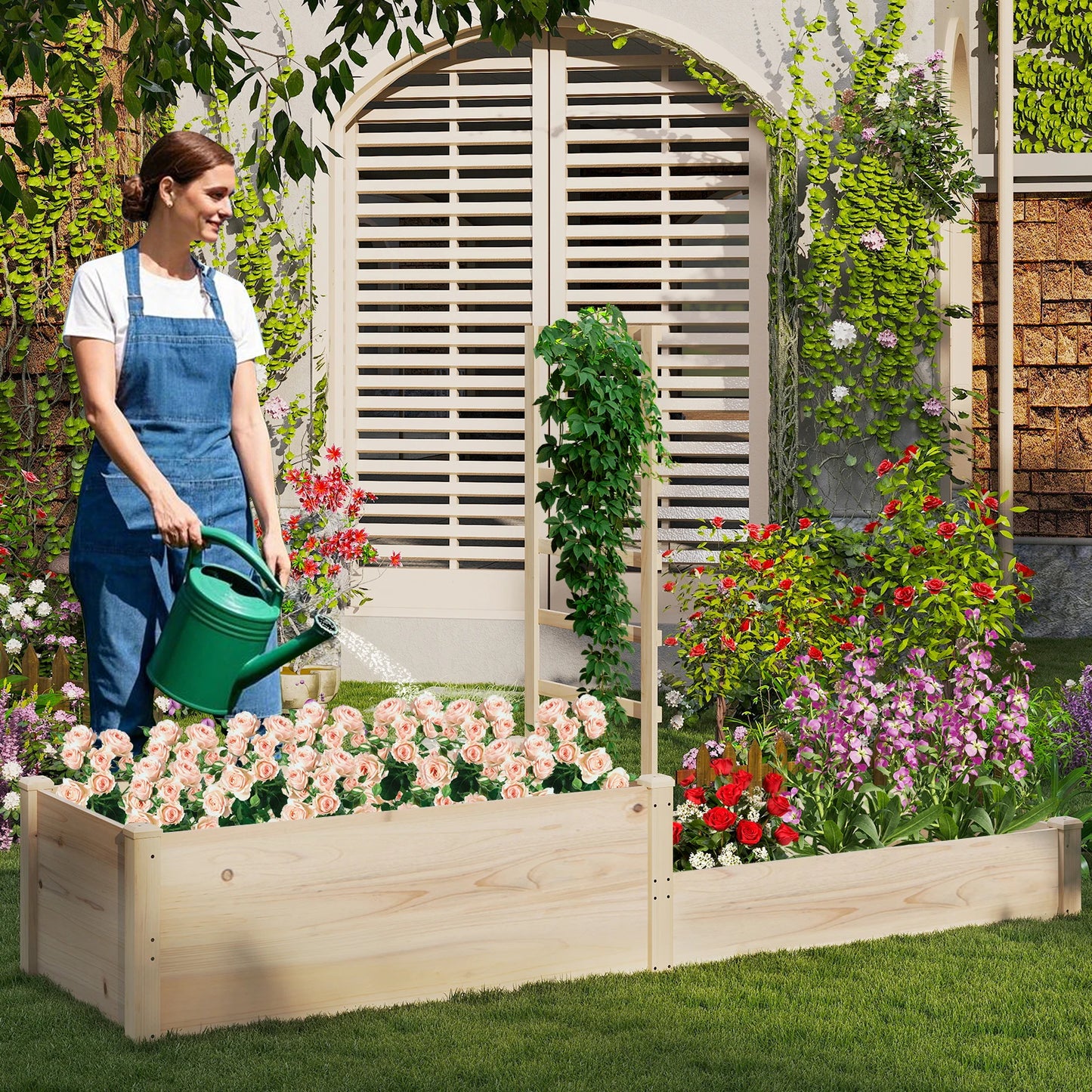 87 Inch Raised Garden Bed with Trellis and Two Planter Boxes Open Ended Base for Patio