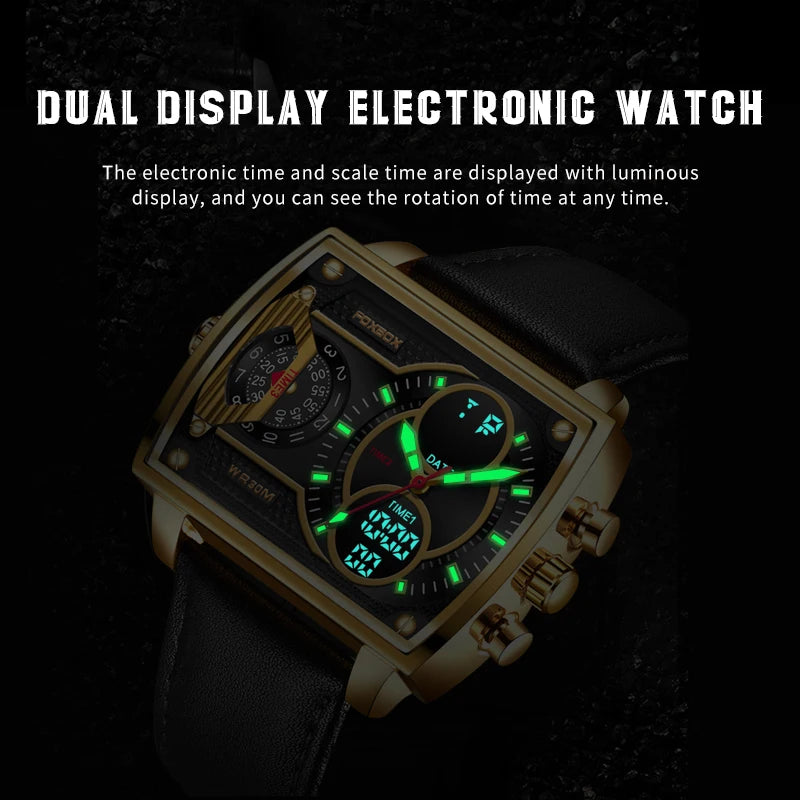 LIGE Digital Mens Square Military Watch Leather Band