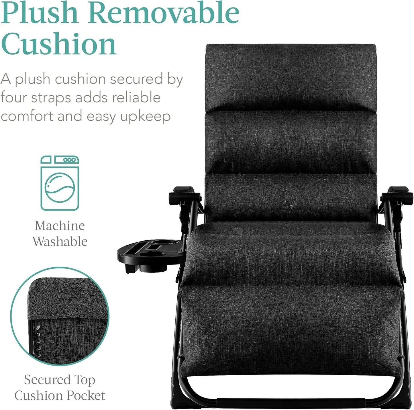 Oversized Zero Gravity Chair, Folding Outdoor Patio Recliner, XL Anti Gravity Lounger w/Removable Cushion, Cup Holder, Side Tray