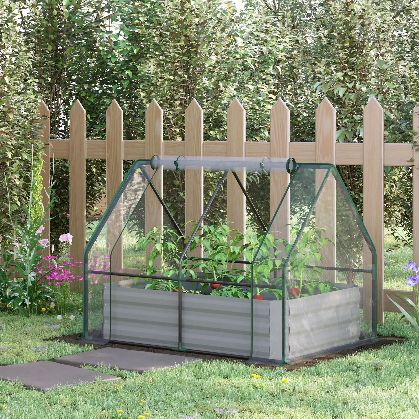 Steel Raised Garden Bed Planter Box Kit with Greenhouse, for Dual Use, Clear