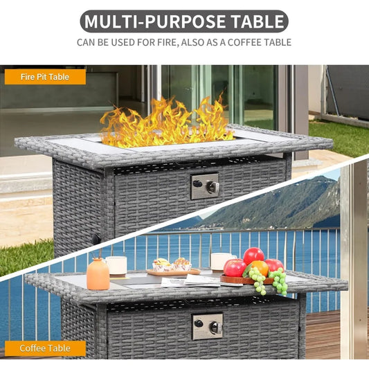 45-Inch 60,000 BTU Wicker Gas Fire Pit Table: Woodgrain Marble Top & Cover for Outdoor Use