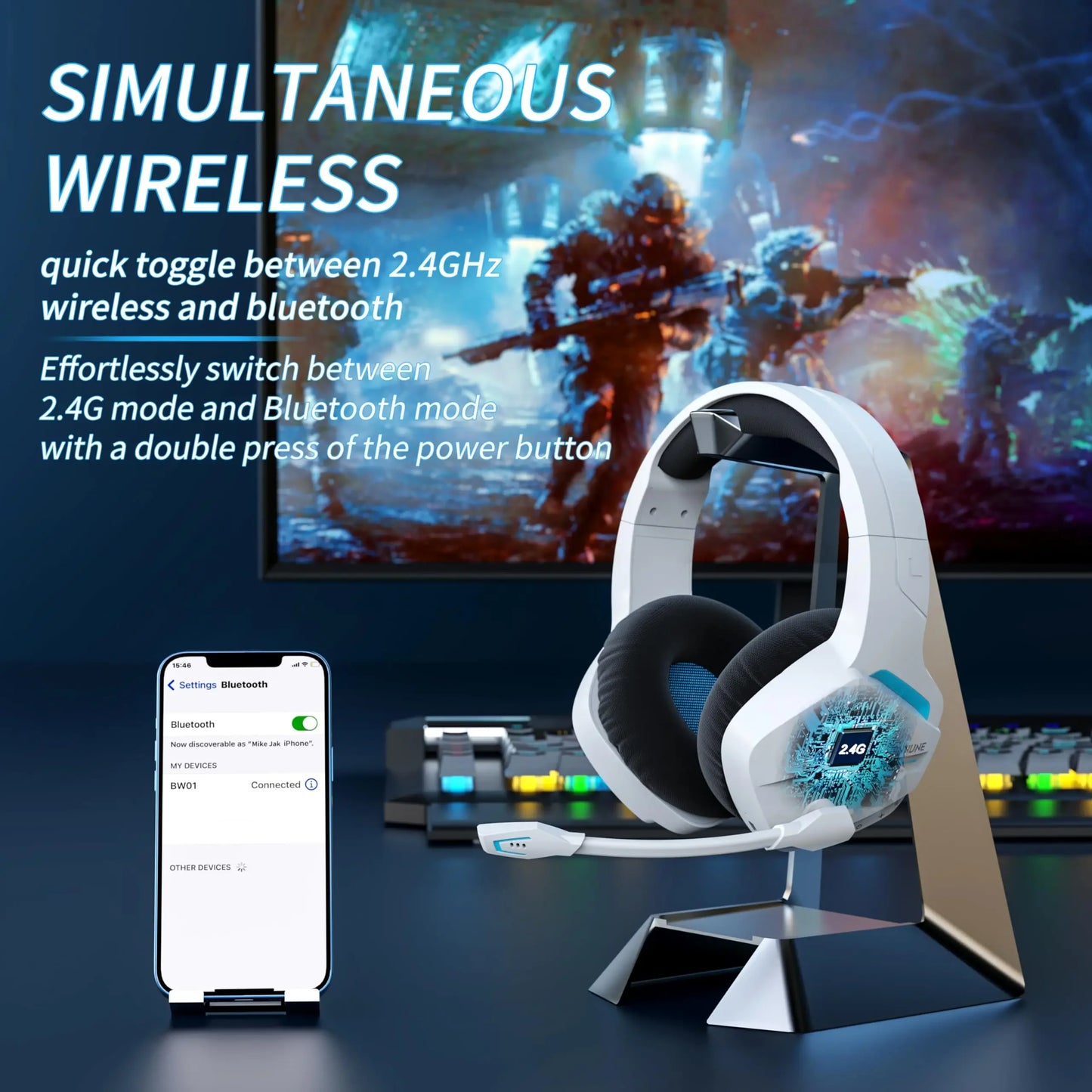 Binnune BW01 Wireless Gaming Headset with Microphone for PC PS4 PS5 2.4G Bluetooth USB Gamer Headphones with Mic for Laptop Computer