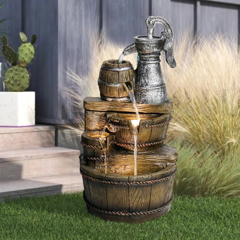 25.5 Inch 5 Tier Outdoor Fountain with LED Lights Rustic Barrel Design Water Feature Garden Patio Home Decor