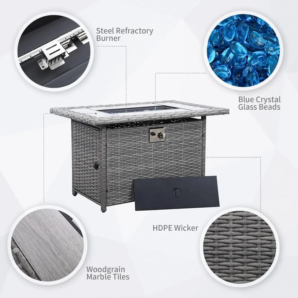 45-Inch 60,000 BTU Wicker Gas Fire Pit Table: Woodgrain Marble Top & Cover for Outdoor Use