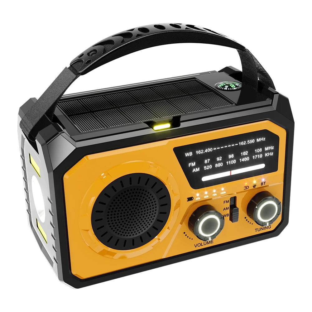 Emergency Weather Radio Bluetooth 5.3 Speaker Hand Crank/Solar/Type-C AM/FM/WB NOAA LED Flashlight 16000mAh Reading Lamp