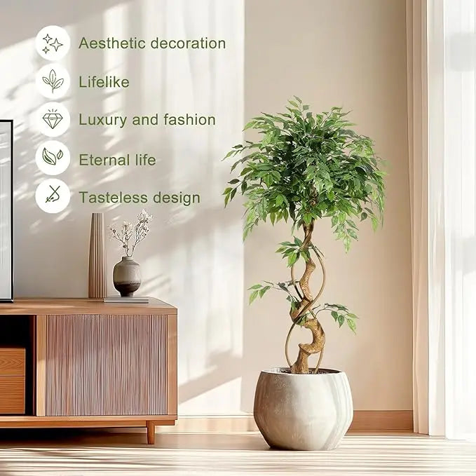 Ficus Artificial Tree with Curved Trunk Plant Fake Silk Trees with White Pot Ficus Tree for Home Decor, Artificial Plants Indoor
