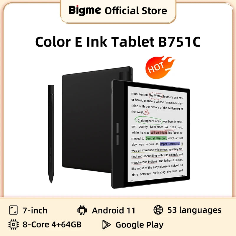 Bigme ebook reader 7'' color e-ink electronic book 36-level cold & warm front light Android open system ereader tablet B751C