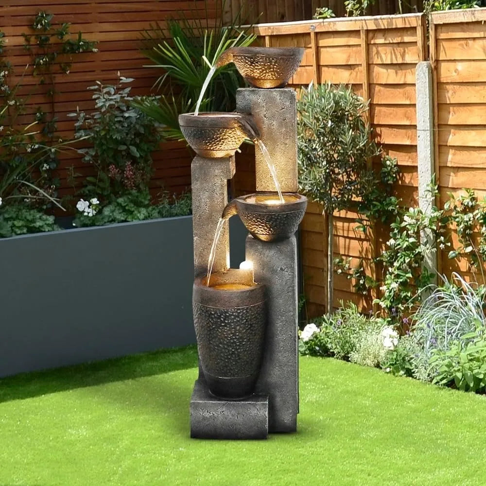 Outdoor Garden Water Fountain-Indoor Polyresin Waterfall Floor-Standing Fountains with LED Lights for Garden, Outdoor Fountain