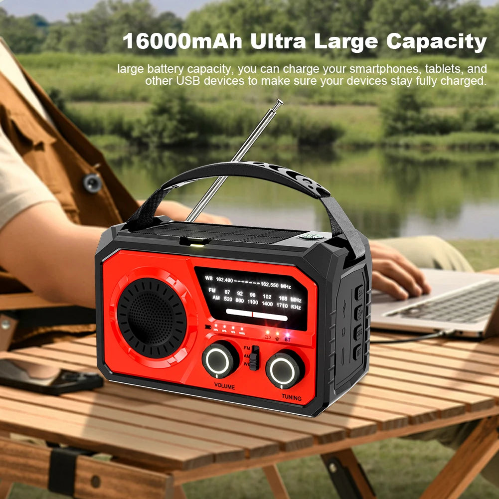 Emergency Weather Radio Bluetooth 5.3 Speaker Hand Crank/Solar/Type-C AM/FM/WB NOAA LED Flashlight 16000mAh Reading Lamp