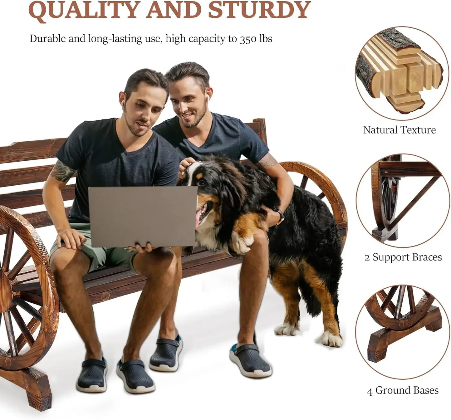 Outdoor Rustic Wooden Bench With Wagon Wheel Arms 3 Seats