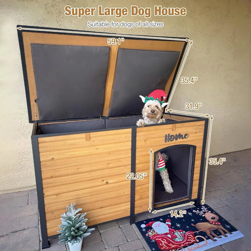 Extra Large Insulated Outdoor Dog Kennel 59 Inch With Movable Insulation Liner Weatherproof All Around Iron Anti Bite