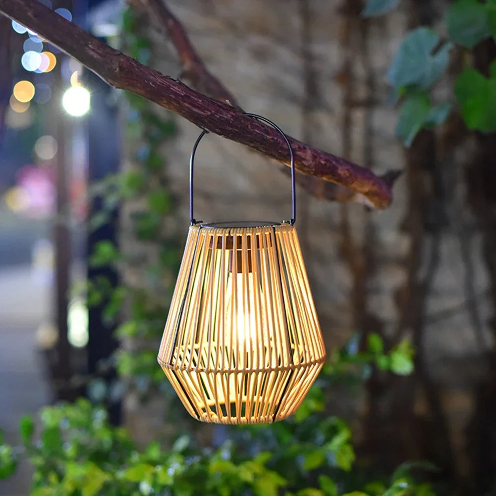 Outside Big Rattan Solar Light IP65 Waterproof Hanging/Standing Retro Rattan Solar Light with Handle for Garden Yard Patio Porch