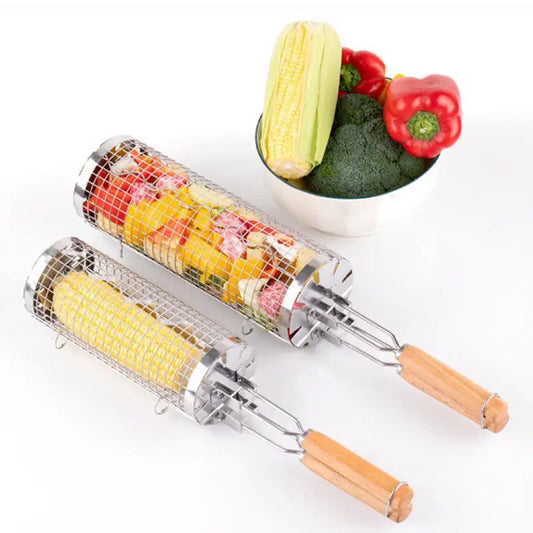 Stainless Steel Barbecue Cages Portable Grill Basket Camping Cookware Outdoor Round BBQ Campfire Grid Rolling Grill Basket