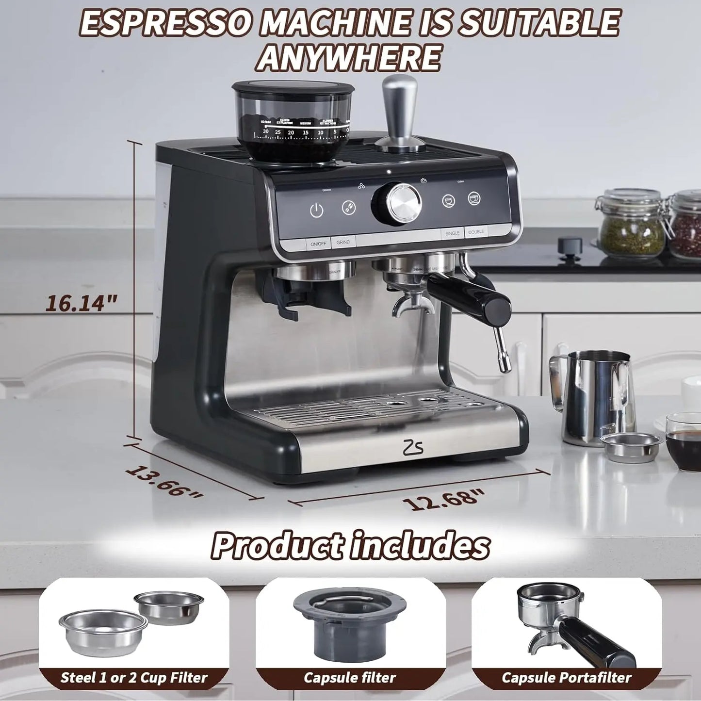 Espresso Machine With Grinder 20 Bar Steam Frother 1450W
