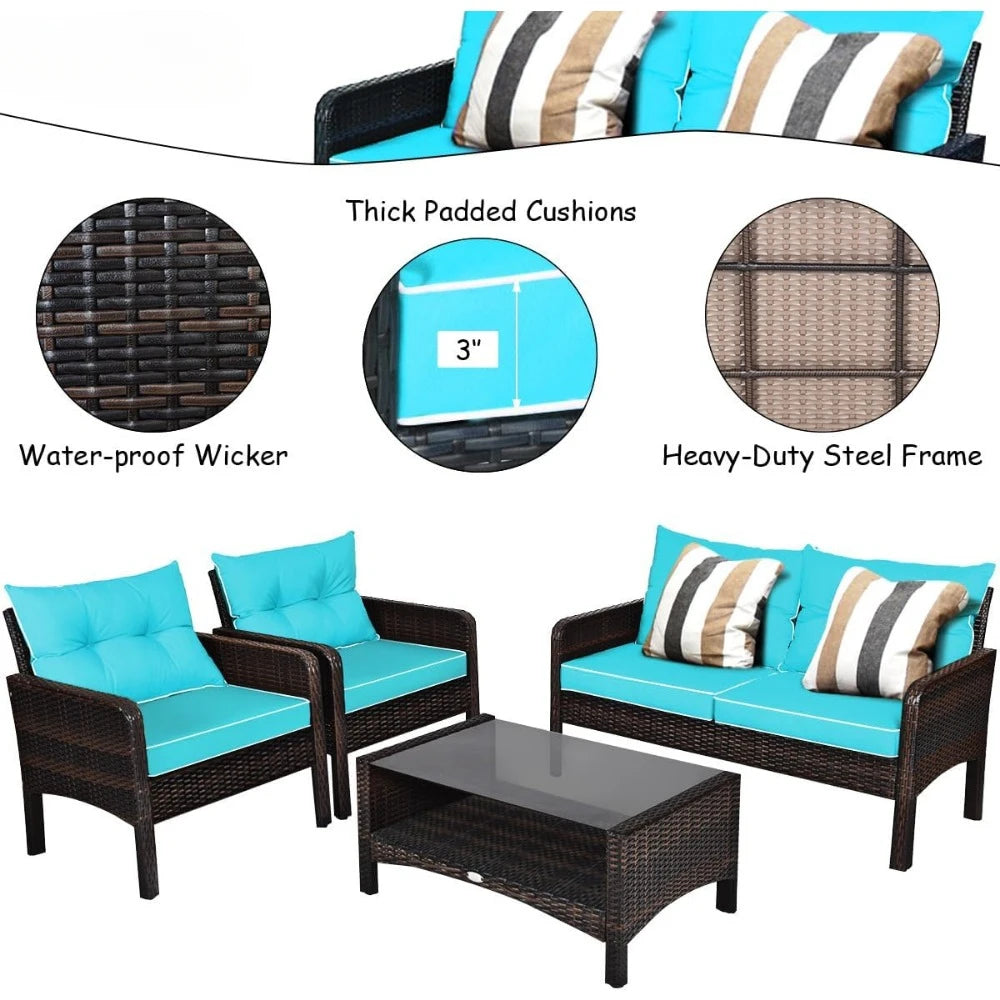 4 Pieces Rattan Patio Conversation Set with Chairs Loveseat Cushions and Glass Top Coffee Table