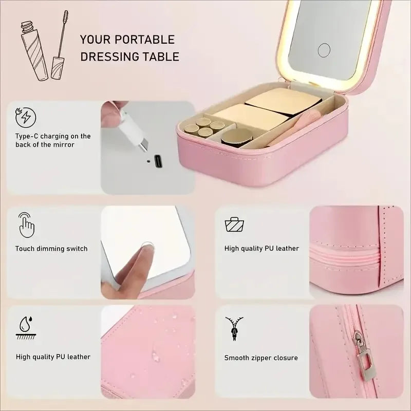 Portable USB Rechargeable LED Makeup Mirror, Pink Faux Leather Foldable Travel Cosmetic Organizer, Compact Beauty Case for Stude
