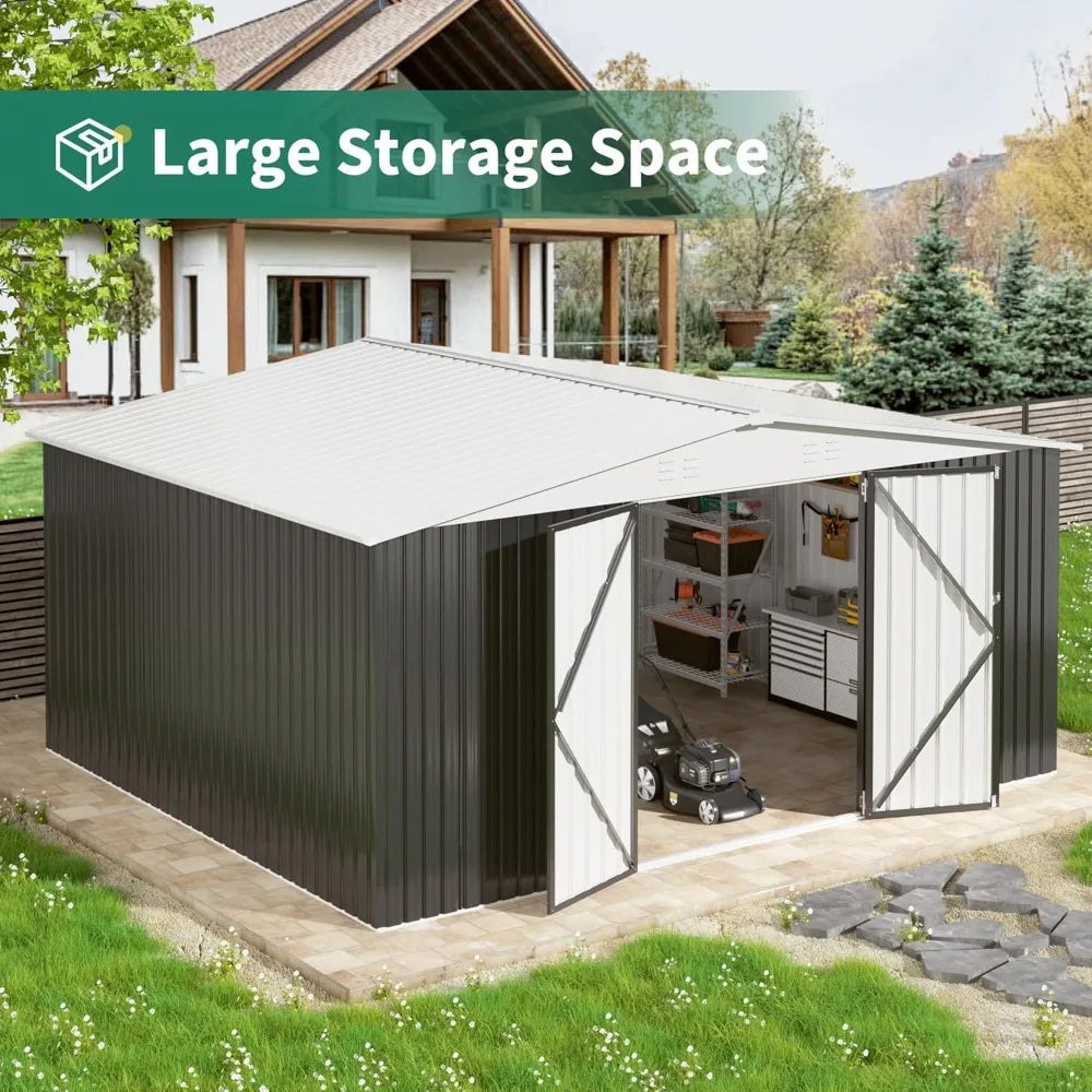 12x14 Foot Outdoor Storage Shed With Lockable Doors White