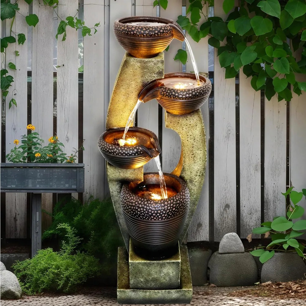 40” H Modern Outdoor Fountain - 4 Crocks Outdoor Garden Fountains with Contemporary Design&LED Light for Garden, Patio, Deck, P