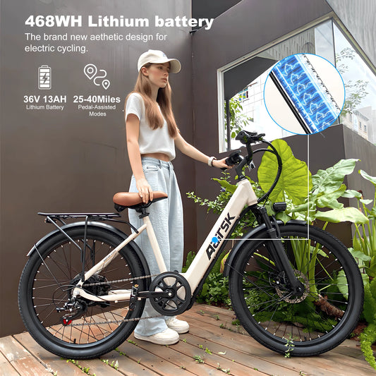Electric Bike Adults 40Miles 23MPH Commuting Electric Mountain Bike 468Wh Lithium Battery,7-Speed,24" Tire Front Fork Suspensio