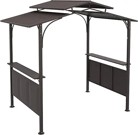 8'x5' BBQ Grill Gazebo with 2 Side Shelves, Outdoor Double Tiered Interlaced Polycarbonate Roof with Steel Frame, Brown