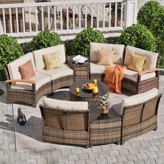 9 Piece Outdoor Patio Set Half Moon Rattan Sofa Conversation