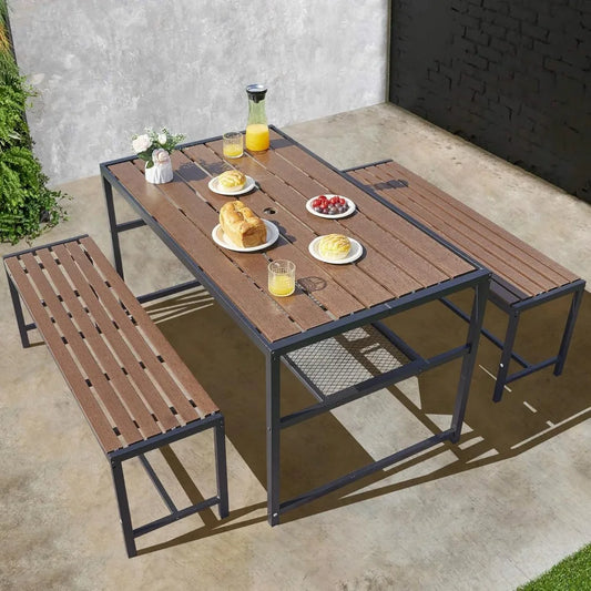 55 Inch Picnic Table And Bench Set With Umbrella Hole For 6