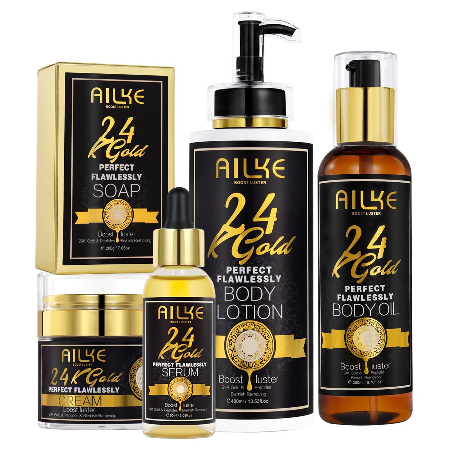 AILKE 24K Glod Flawlessly Skin Care Range, Skin Whitener, Reduce Dark Spots, Melanin, Wrinkles, Moisturize, For Women & Men