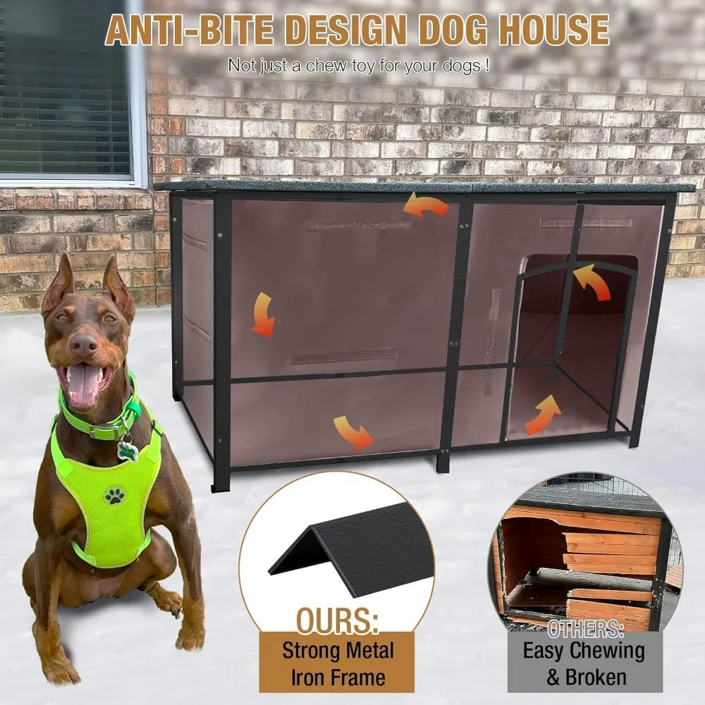 Extra Large Insulated Outdoor Dog Kennel 59 Inch With Movable Insulation Liner Weatherproof All Around Iron Anti Bite