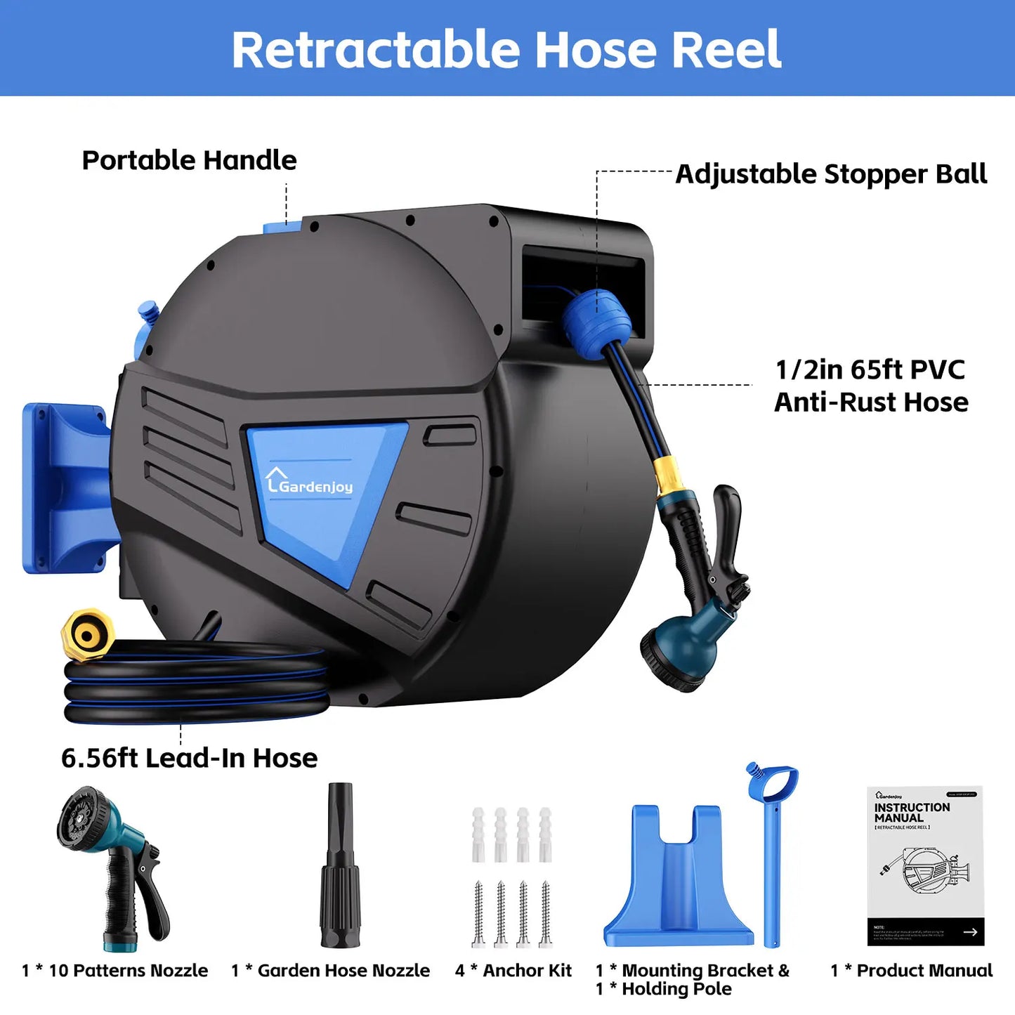 GardenJoy Retractable Garden Hose Reel-1/2in-65ft Hose Reel Wall Mounted Hose Locking Mechanism Roll-up Automatic