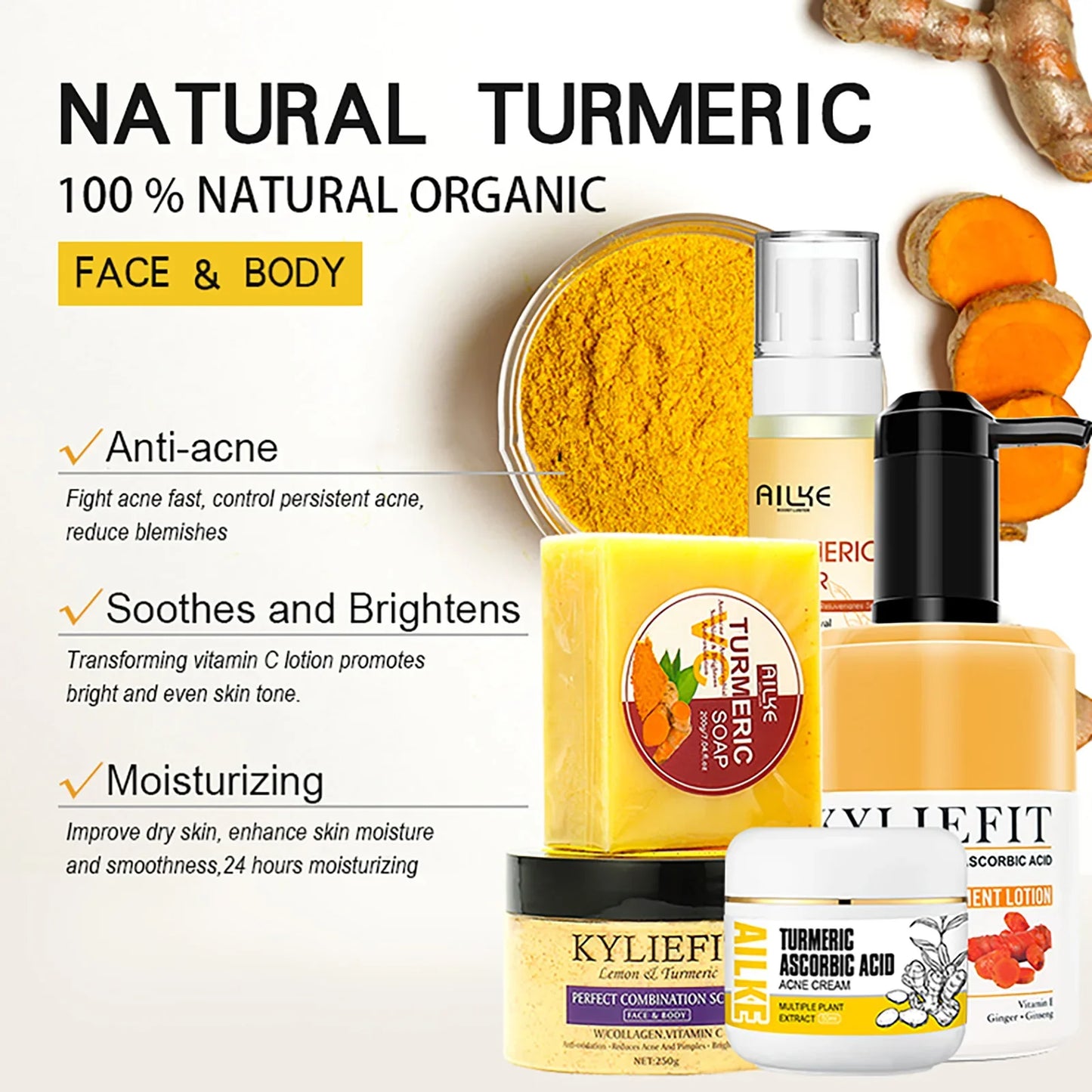 Organic Turmeric Skin Care Kit Brighten Remove Darkness Lighten Hydrate Exfoliate Even Skin Tone for Private Label