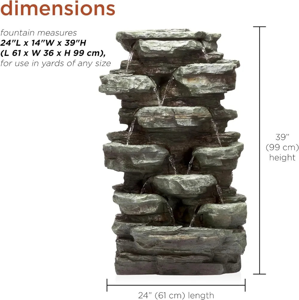 Outdoor Multitiered Cascading Rock Garden Water Floor Fountain with LED Lights, 39" H, Green
