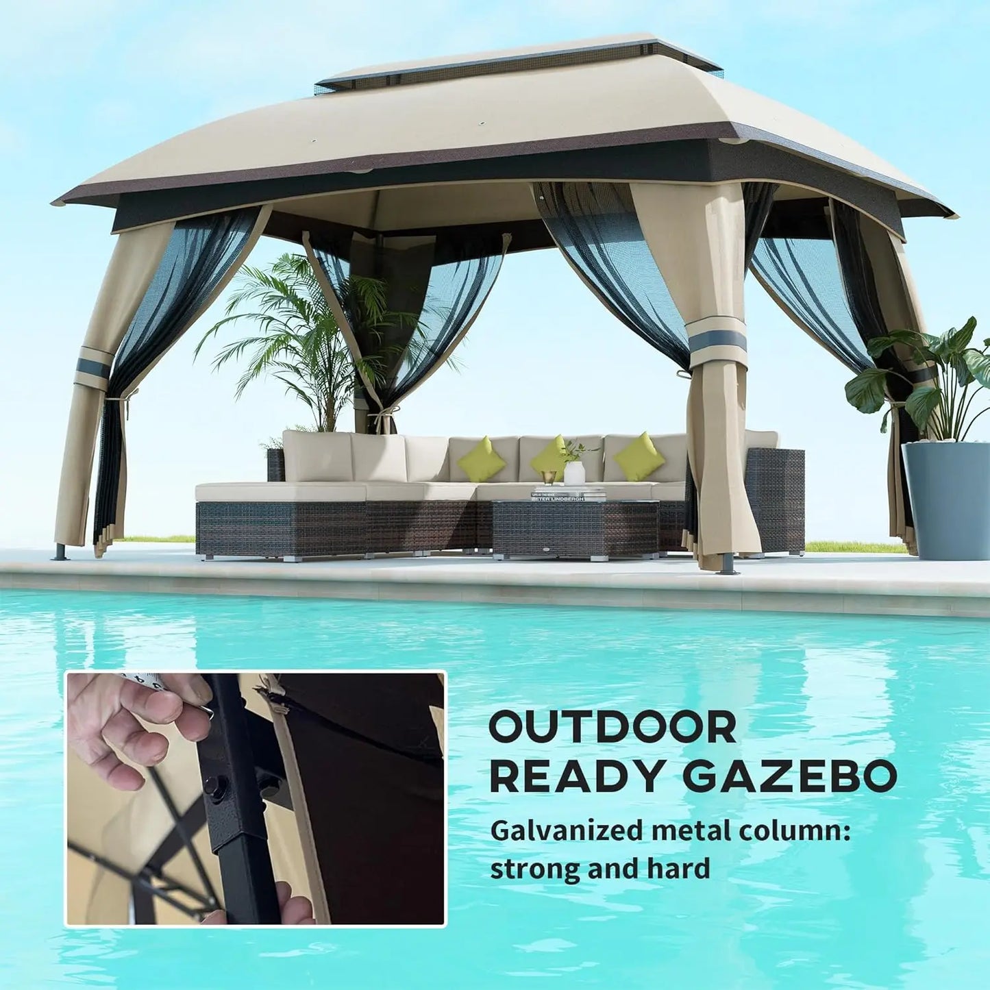 10' x 13' Patio Gazebo, Outdoor Gazebo Canopy Shelter with Netting, Steel Frame for Garden, Lawn, Backyard, and Deck, Beige