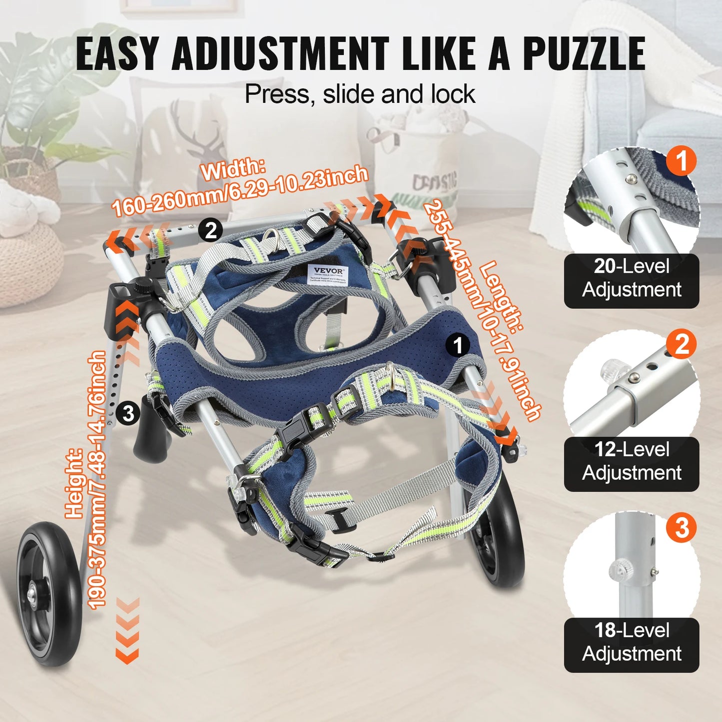 VEVOR 2 Wheels Dog Wheelchair for Back Legs Pet Wheelchair Dog Cart for Injured Disabled