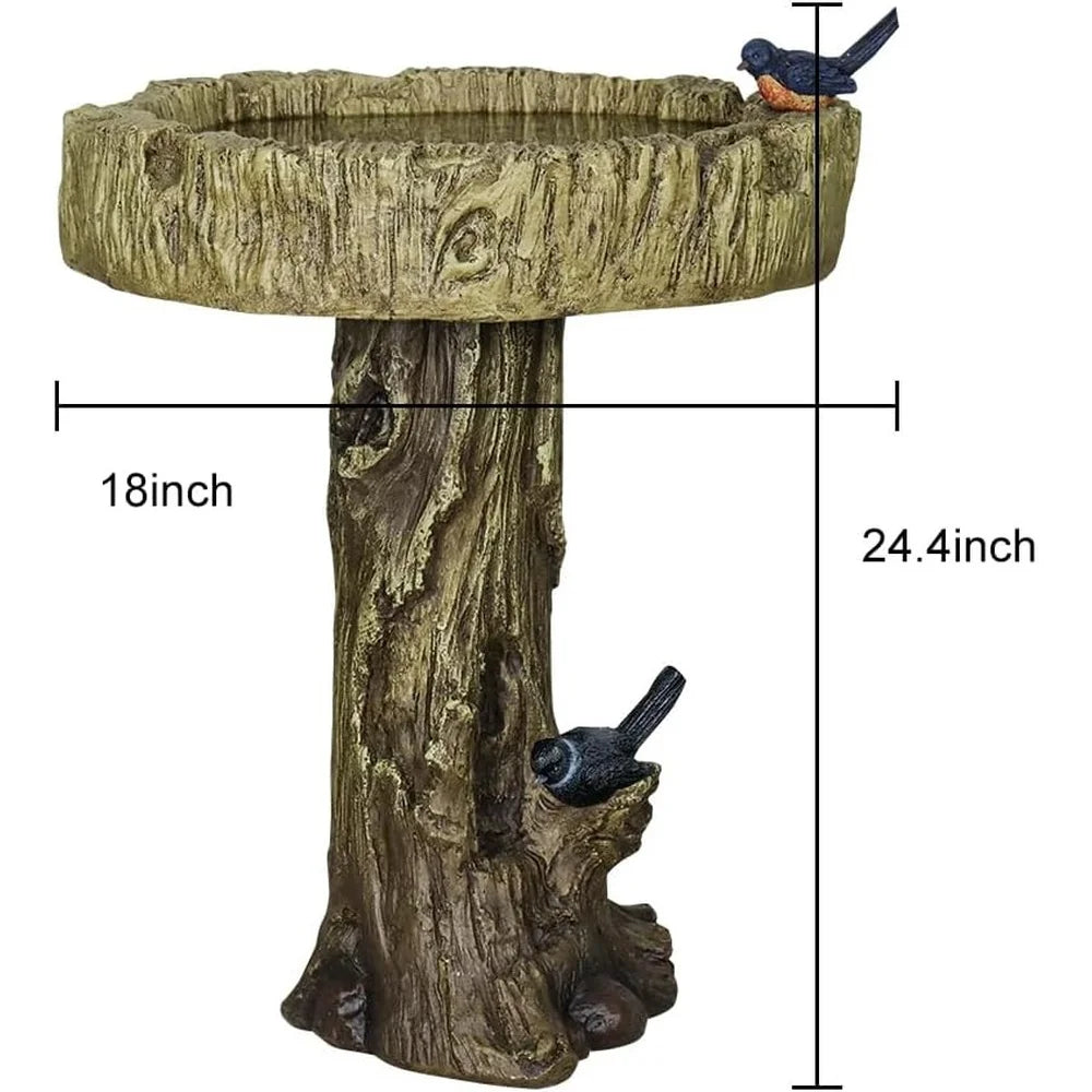 Outdoor Garden Bird Bath 24.4 Inch Fibre Reinforced Concrete Fountain with Woodland Tree Trunk Design Bird Figurines Yard Decor