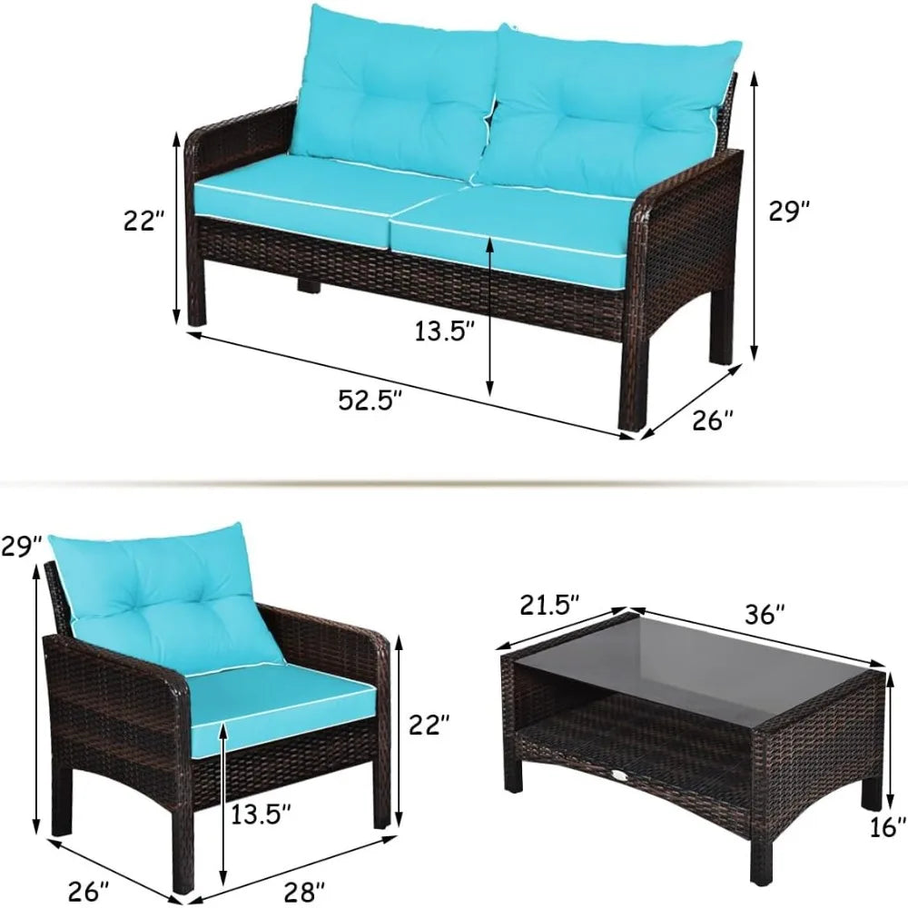 4 Pieces Rattan Patio Conversation Set with Chairs Loveseat Cushions and Glass Top Coffee Table